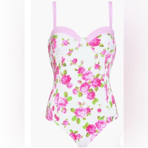 NEW BETSEY JOHNSON LOVE ALWAYS PRINT WHITE PINK ROSES ONE PEICE SWIMSUIT SZ M - Picture 3 of 13